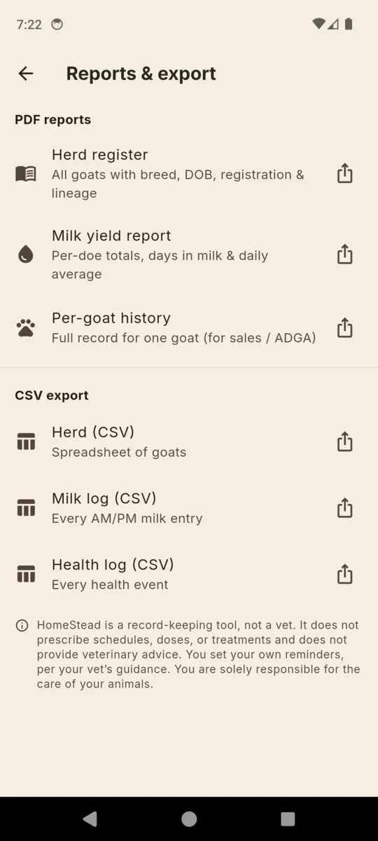 The Reports and export screen listing three PDF reports and three CSV exports above the record-keeping disclaimer