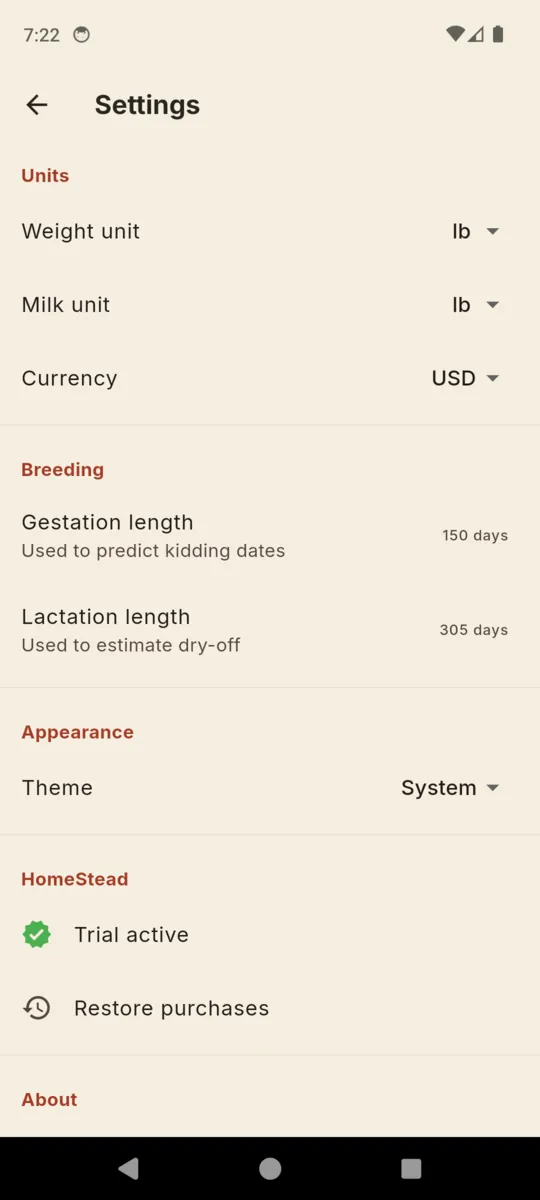 HomeStead settings showing weight unit, milk unit, currency, gestation length of 150 days and lactation length of 305 days