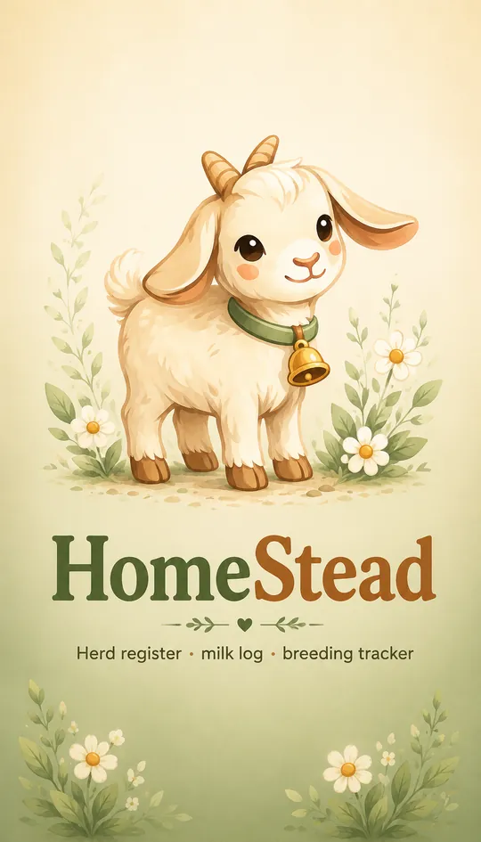 HomeStead launch screen: a young goat among daisies above the wordmark and the line herd register, milk log, breeding tracker