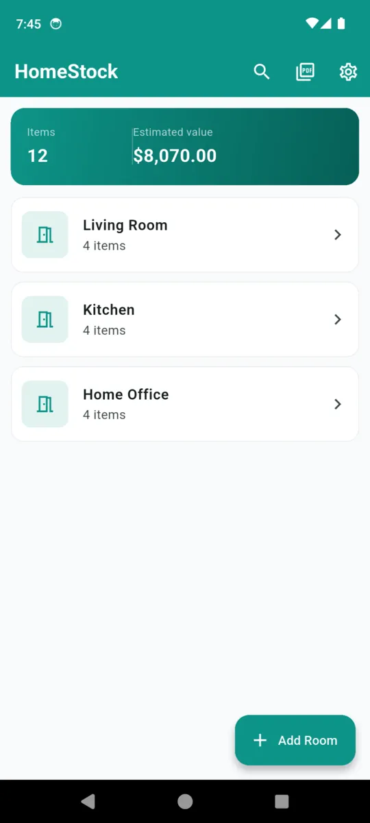 The HomeStock home screen showing 12 items, an estimated value of $8,070.00, and Living Room, Kitchen and Home Office with four items each