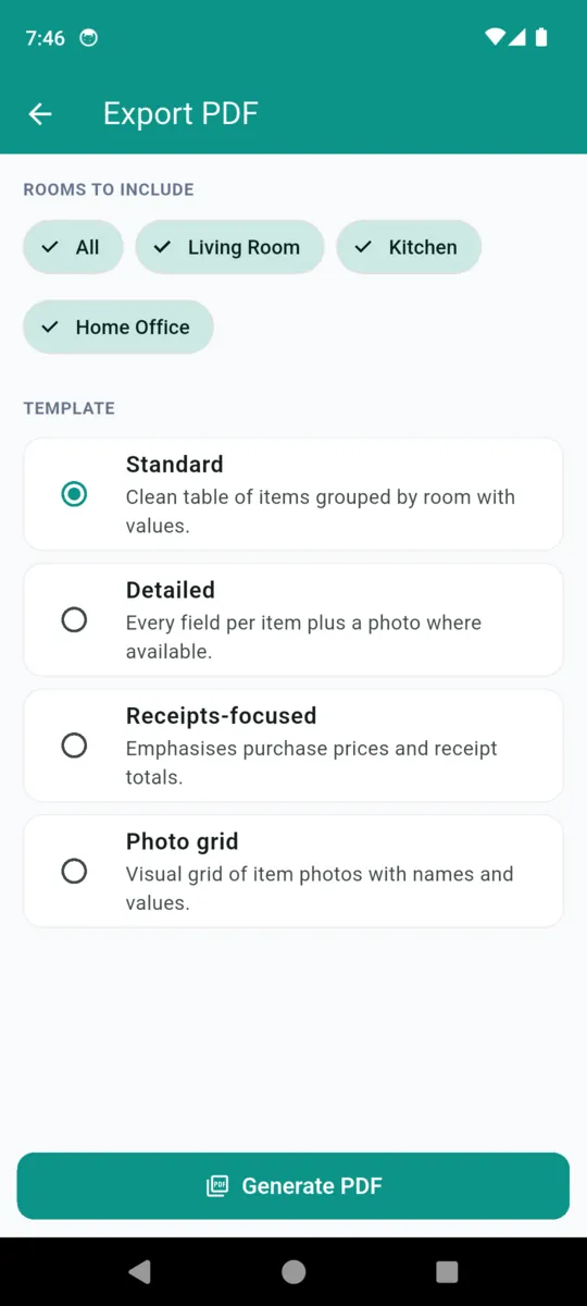 The HomeStock export screen with room chips for All, Living Room, Kitchen and Home Office and the Standard, Detailed, Receipts-focused and Photo grid layouts