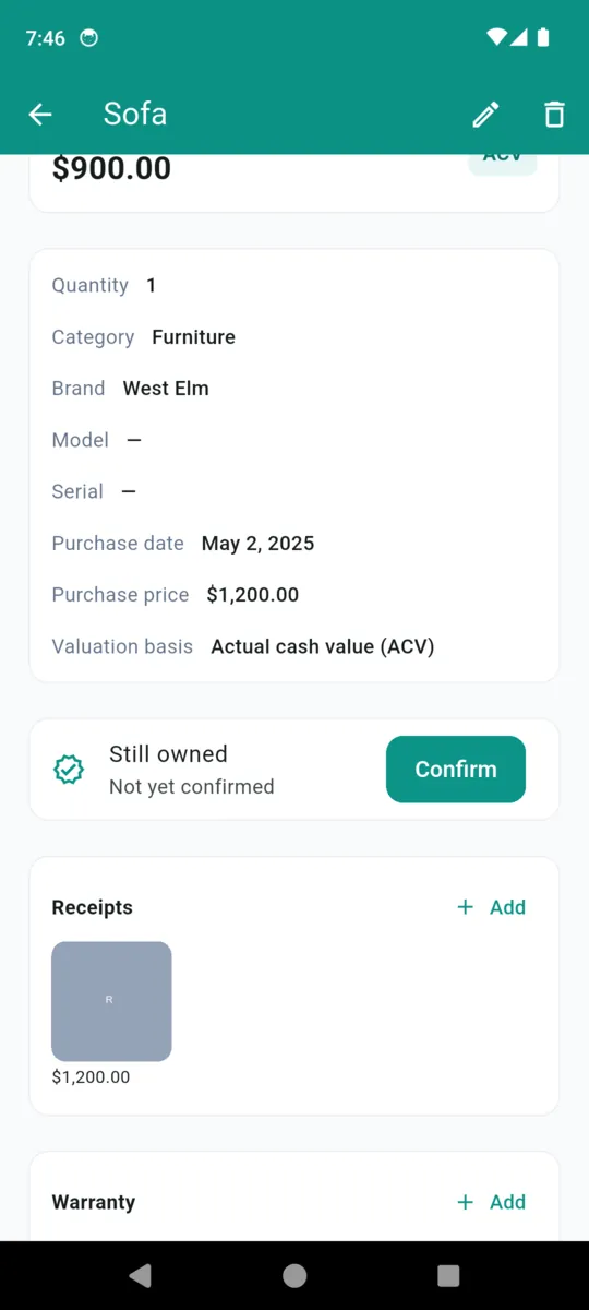 The lower half of a HomeStock item showing the still-owned confirmation, an attached receipt for $1,200.00 and a warranty section