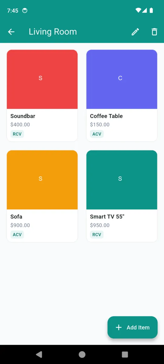 The Living Room in HomeStock as a grid of item cards — Soundbar $400, Coffee Table $150, Sofa $900, Smart TV 55 inch $950 — each tagged ACV or RCV
