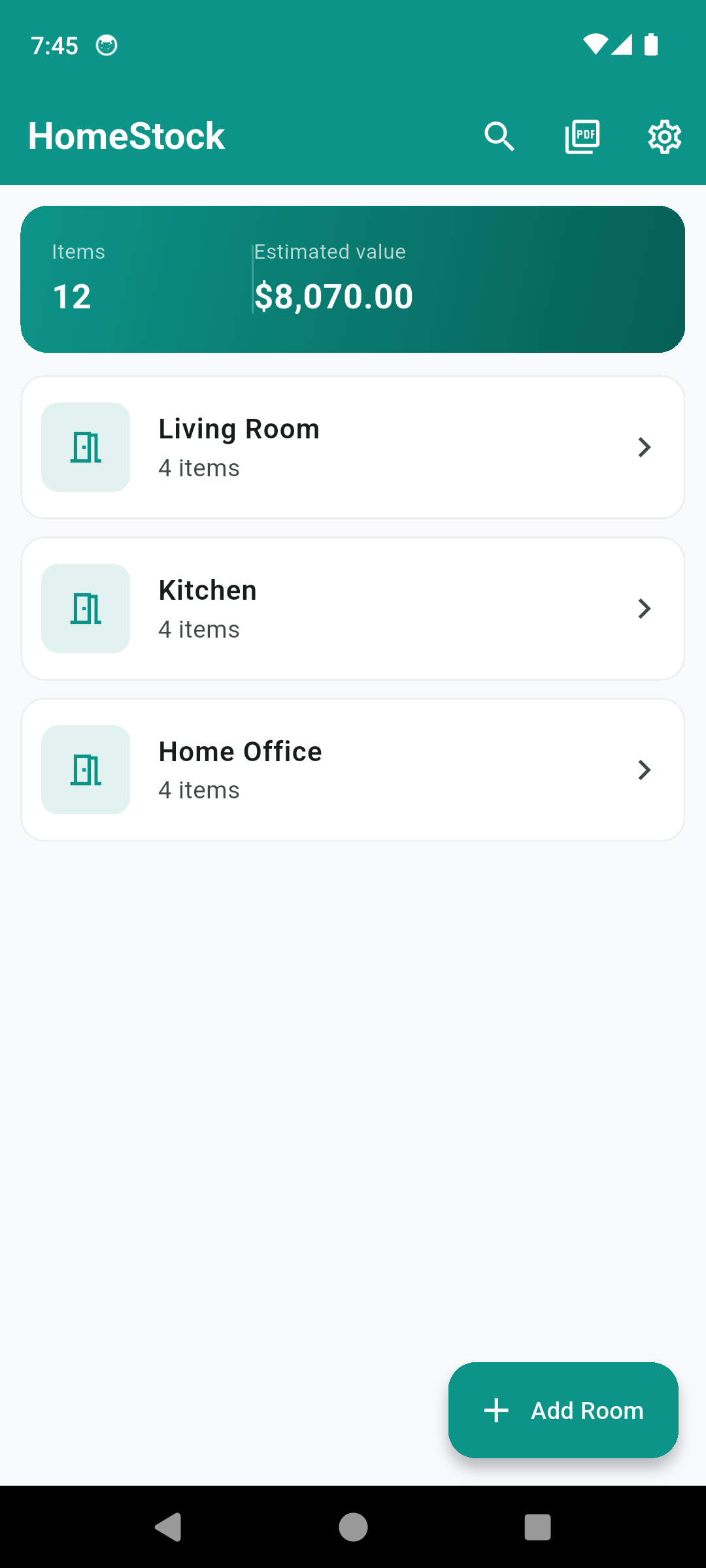 HomeStock home screen showing rooms list with total item count and estimated value