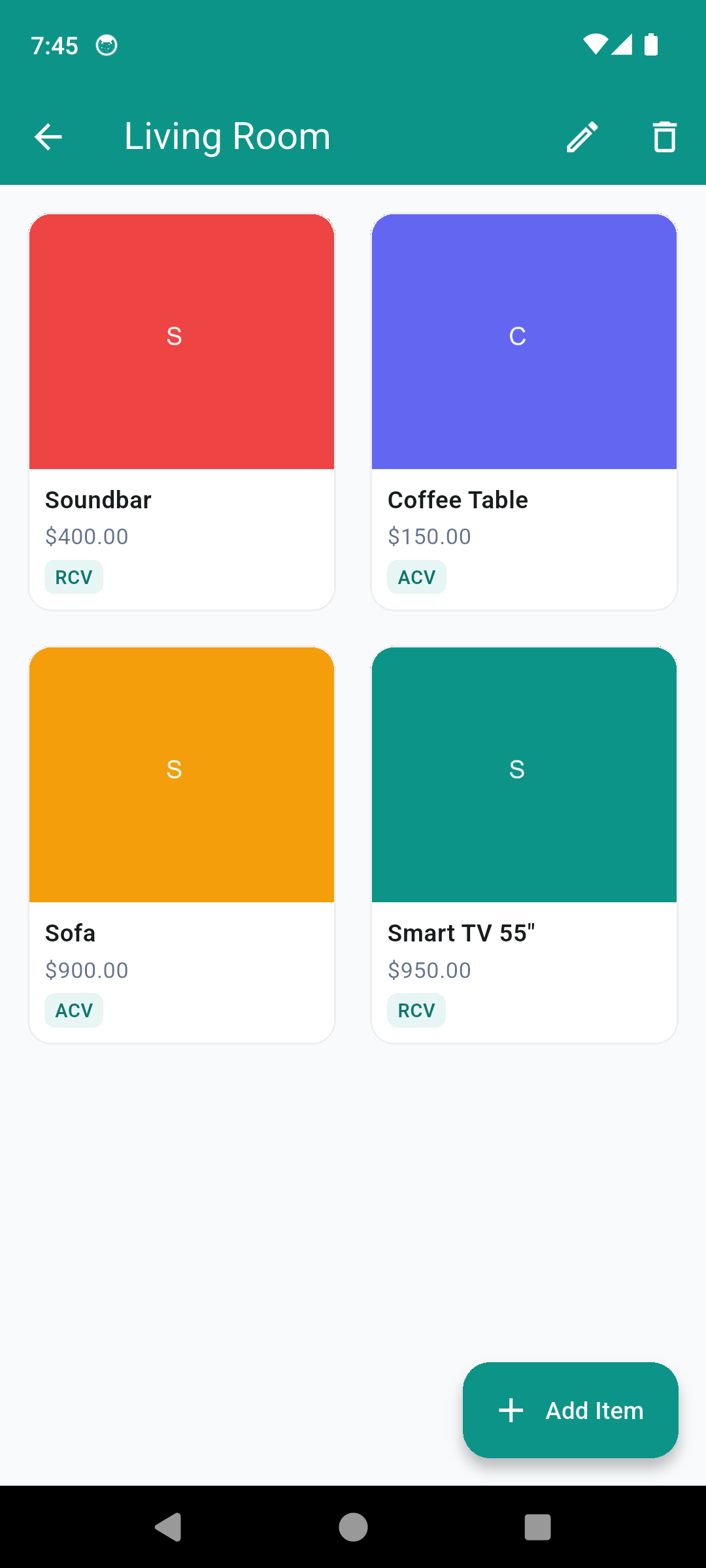 HomeStock room detail with a grid of item photos, values, and ACV/RCV badges