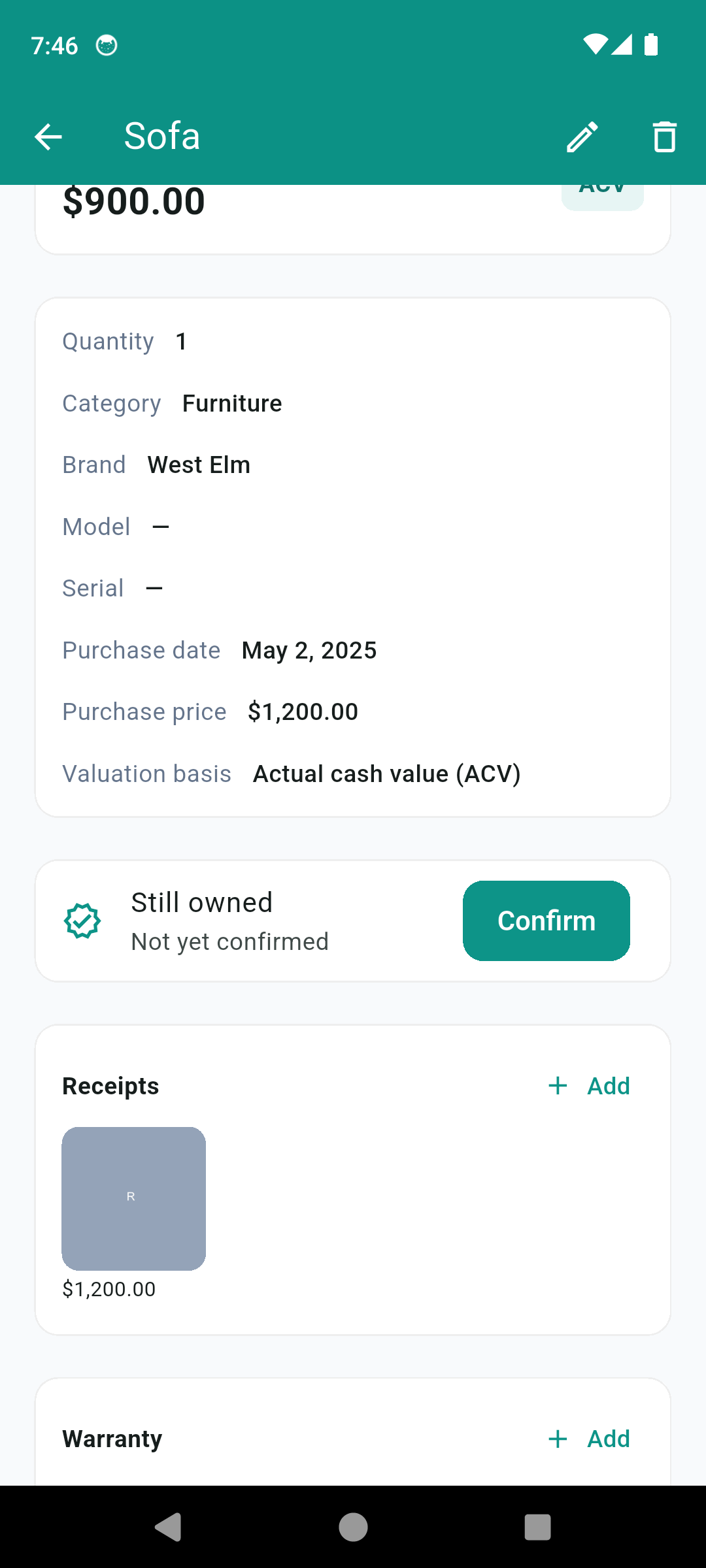 HomeStock item with attached receipt, still-owned confirmation and warranty