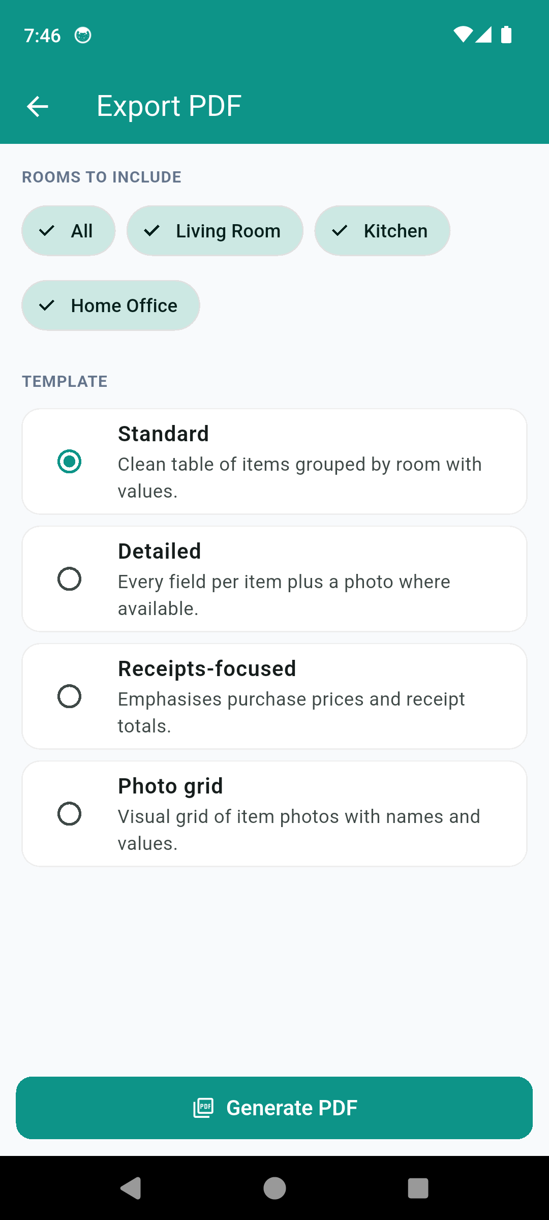 HomeStock PDF export wizard with room selection and four template options