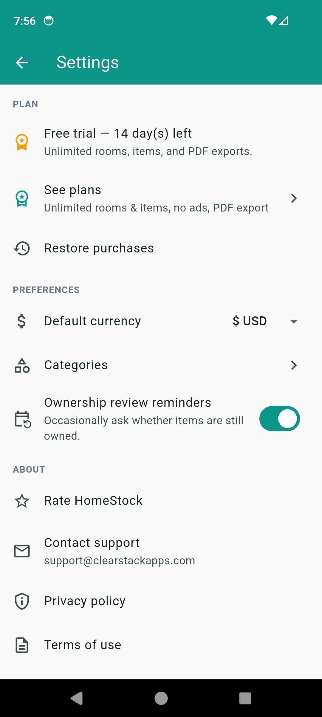 HomeStock settings with default currency, categories and reminders