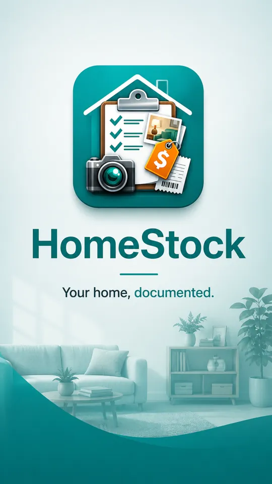 The HomeStock launch screen: a clipboard, camera and receipt illustration above the name HomeStock and the line Your home, documented