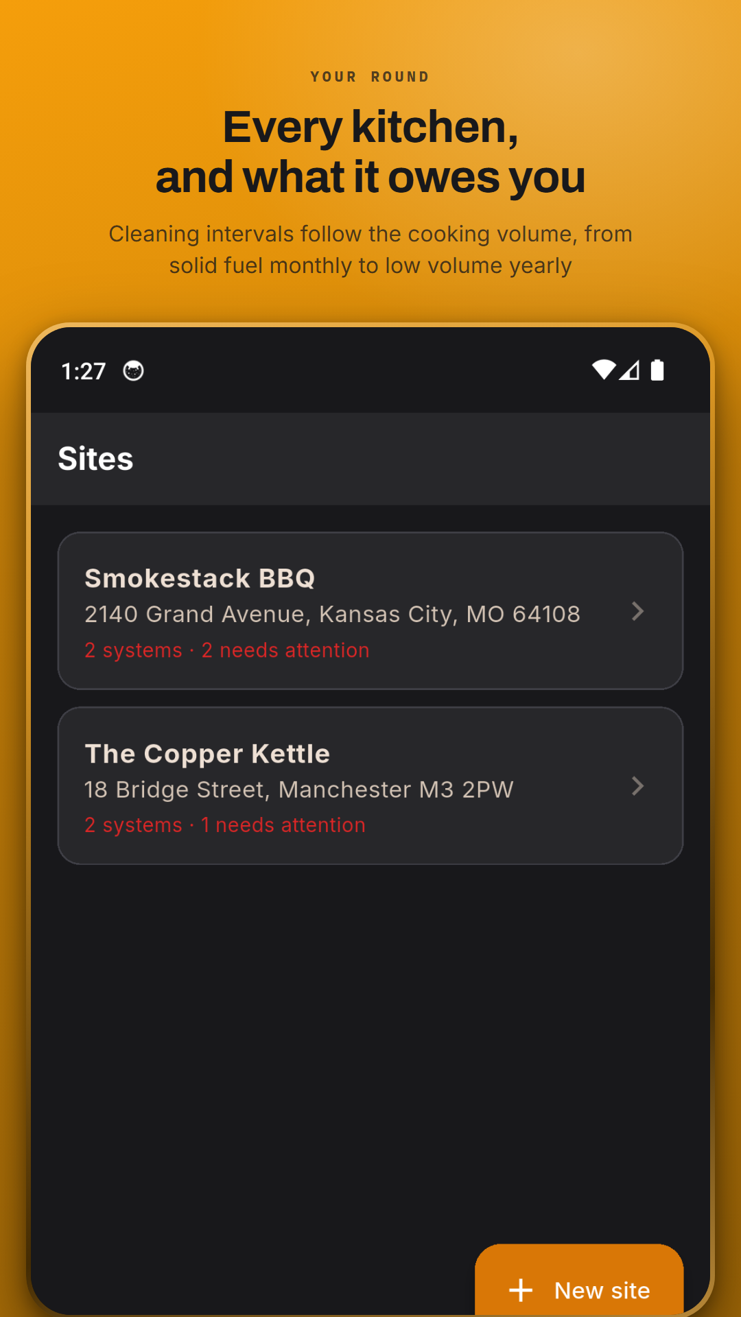Sites, with how many systems each has and how many need attention.