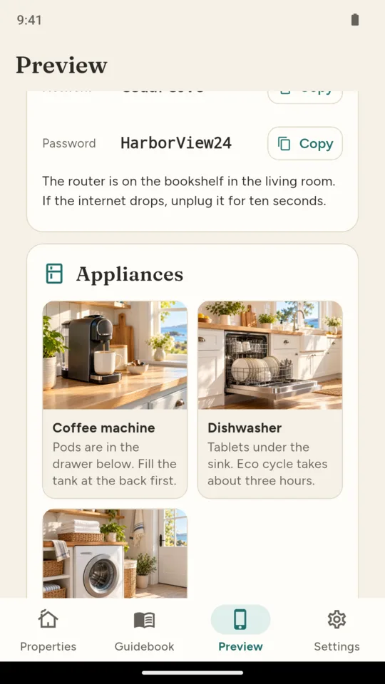 Appliances: a photo and a short how-to for each machine.