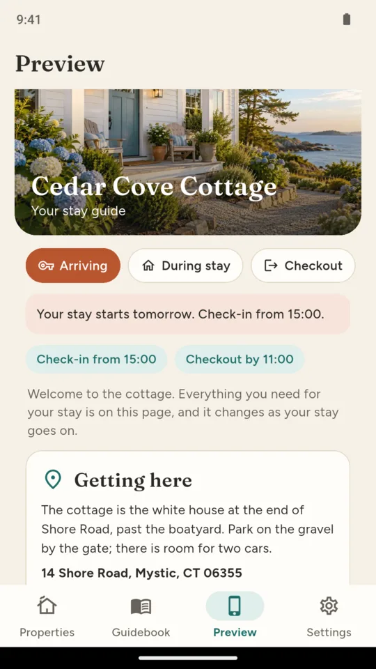 Arriving: the guest page with getting here first and the check-in time
