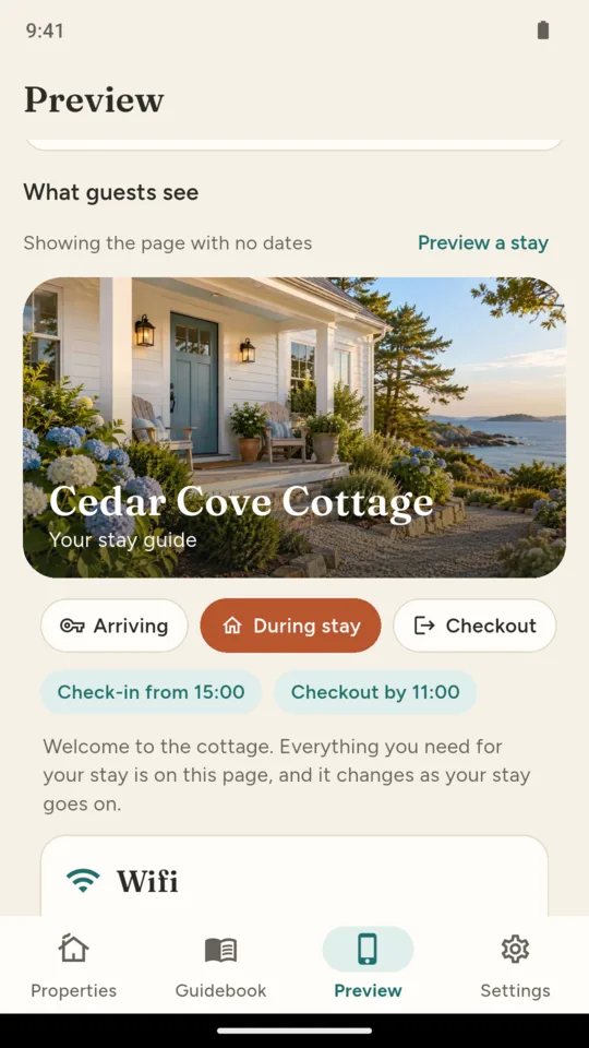 Preview: the guest page for Cedar Cove Cottage with its photo and the three stay phases