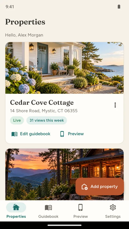 Properties: each rental with its live state and views this week.