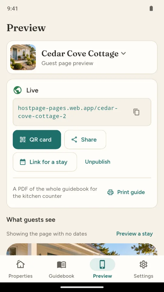 Publish: the live address, the QR card and a link for a stay.