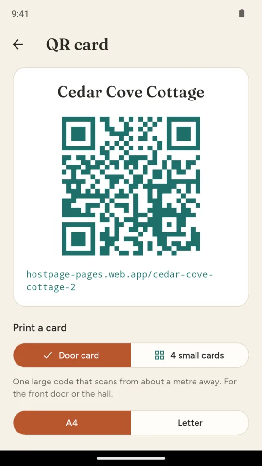 QR card: a door card ready to print on A4 or Letter.