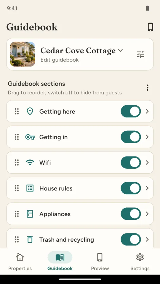 Guidebook: sections in the order guests read them, each with a switch.