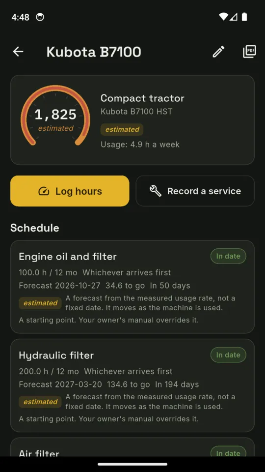 The Kubota B7100 machine screen: 1,825 estimated hours, usage 4.9 hours a week, Log hours and Record a service buttons, and a schedule where engine oil and filter is due every 100 hours or 12 months whichever arrives first with a forecast date of 27 October, 34.6 hours to go in 50 days, marked as a forecast from the measured usage rate
