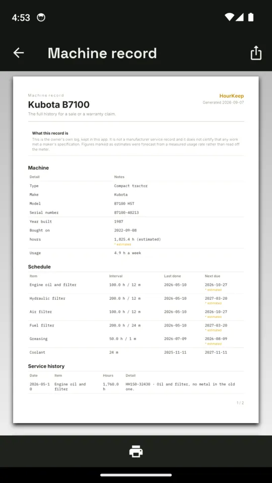 A preview of the Kubota B7100 machine record PDF with the machine details, the schedule and the service history, and a print button