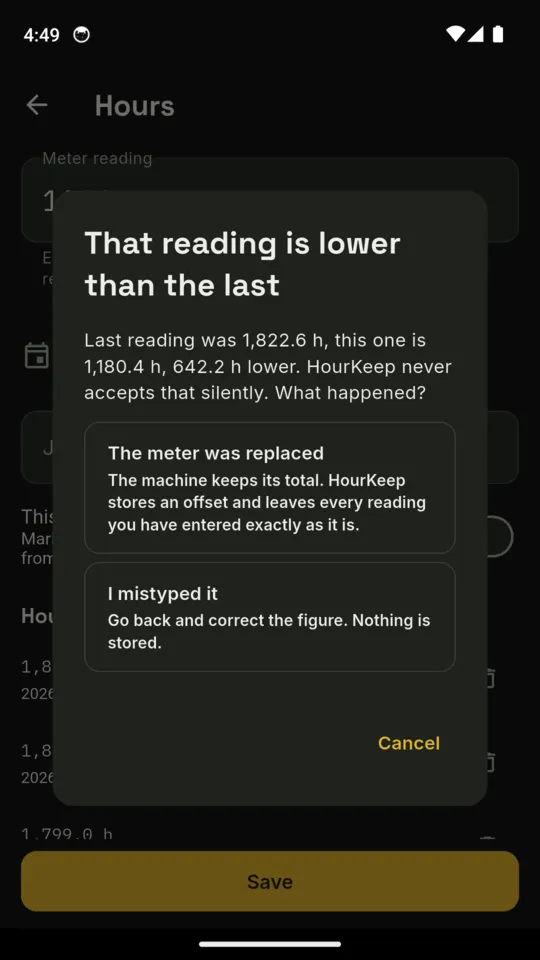 A dialog reading That reading is lower than the last: last reading was 1,822.6 hours, this one is 1,180.4, 642.2 lower, with the choices The meter was replaced and I mistyped it