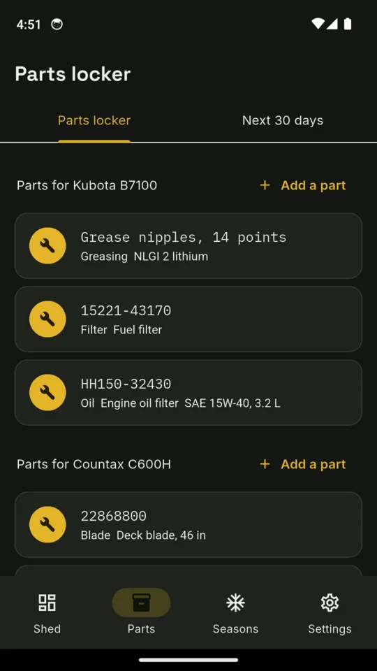The Parts locker: grease nipples with NGLI 2 lithium, a 15221-43170 fuel filter and HH150-32430 engine oil filter with SAE 15W-40 3.2 litres for the Kubota B7100, and a 22868800 deck blade for the Countax C600H, with a Next 30 days tab