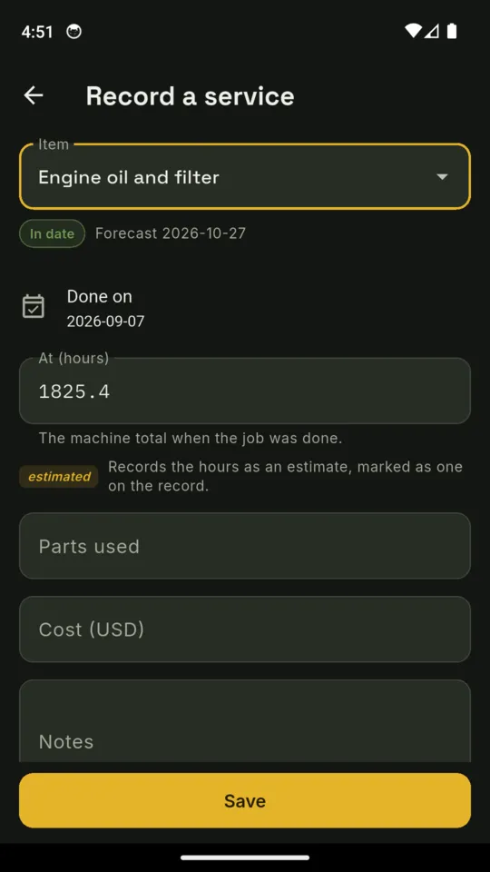 The Record a service screen: item Engine oil and filter marked In date with a forecast of 27 October, done on 7 September, at 1825.4 hours, with parts used, cost and notes fields