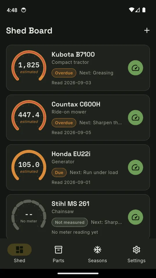 The HourKeep Shed Board: a Kubota B7100 compact tractor at 1,825 estimated hours marked Overdue with greasing next, a Countax C600H ride-on at 447.4 hours marked Overdue, a Honda EU22i generator at 105 hours marked Due, and a Stihl MS 261 chainsaw with no meter, each with a drawn gauge and a Log hours button