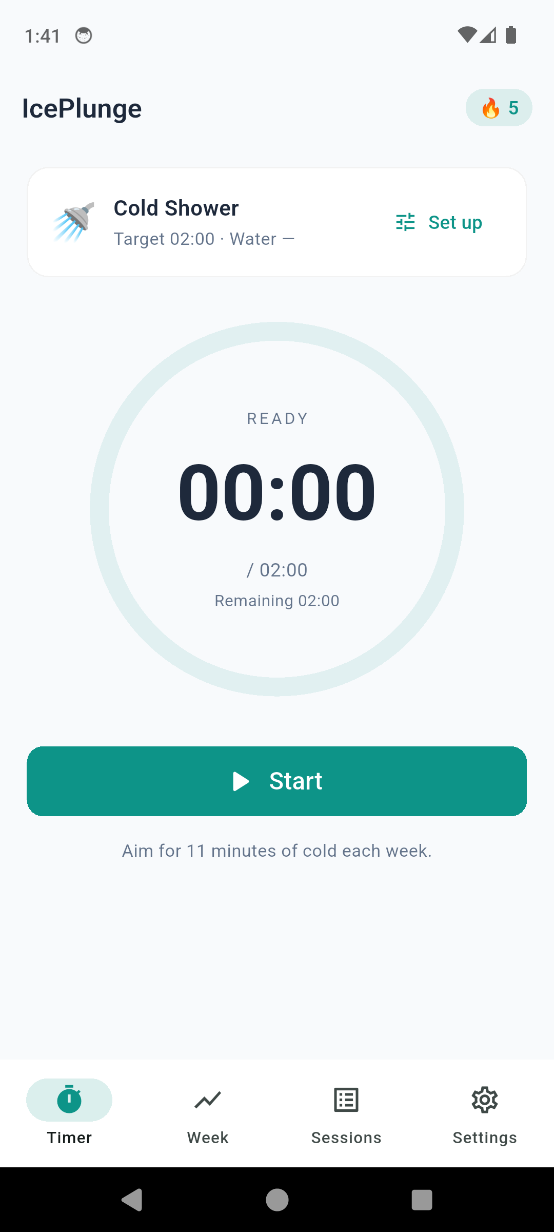 IcePlunge timer screen with circular countdown, current streak chip, and cold-shower target