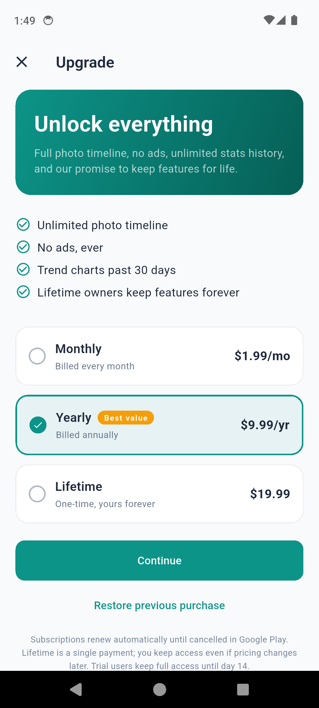 IcePlunge paywall screen with monthly, yearly and lifetime tiers