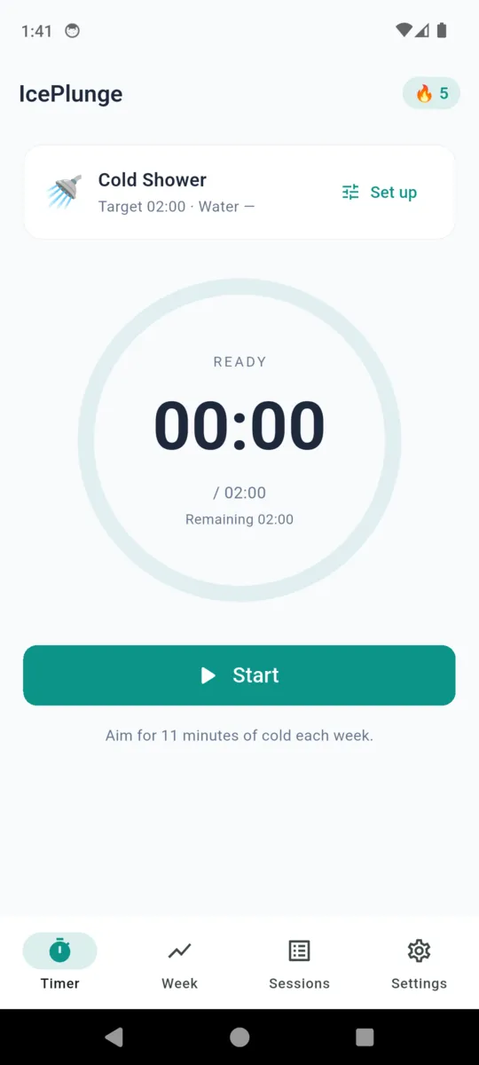 The IcePlunge timer screen showing a Cold Shower with a two-minute target, a ready state at zero, a Start button and the line Aim for 11 minutes of cold each week