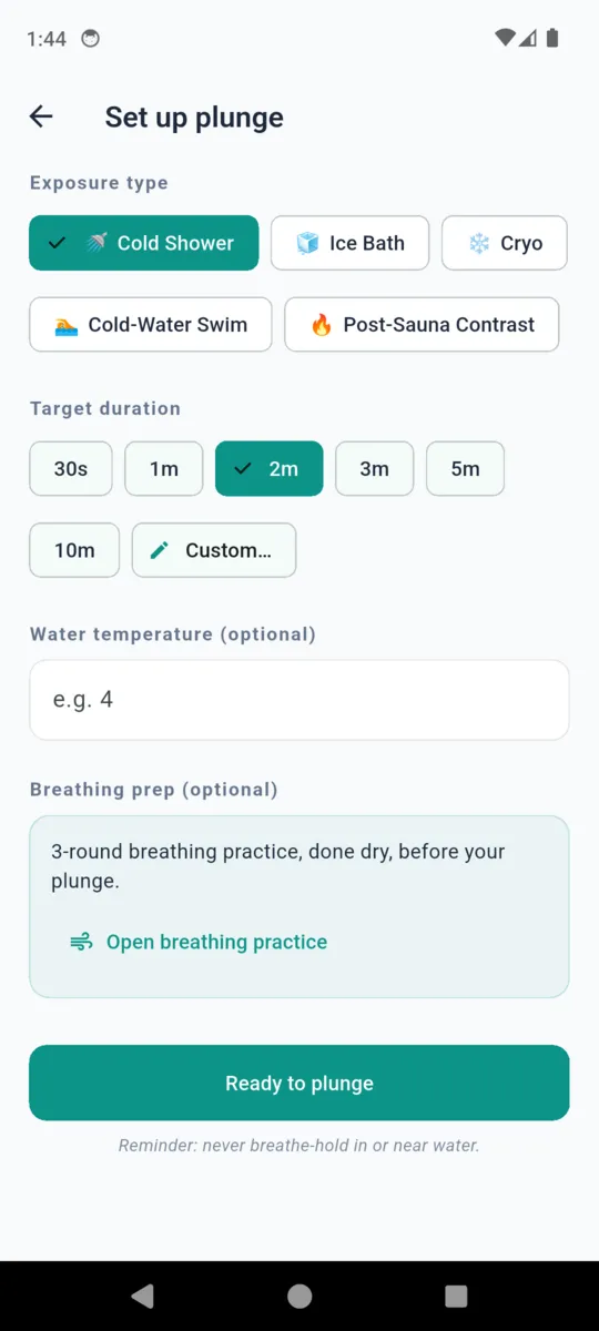 The IcePlunge set-up screen with exposure types, target duration presets from thirty seconds to ten minutes, an optional water temperature field and an optional breathing prep card