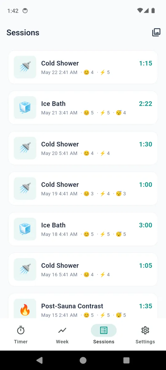The IcePlunge sessions list with cold showers, ice baths and a post-sauna contrast, each showing its date and duration