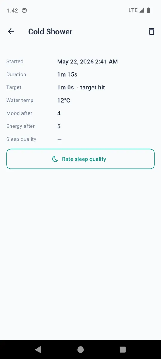 An IcePlunge session detail for a cold shower showing started, duration, target, water temperature, mood and energy after, and a Rate sleep quality button