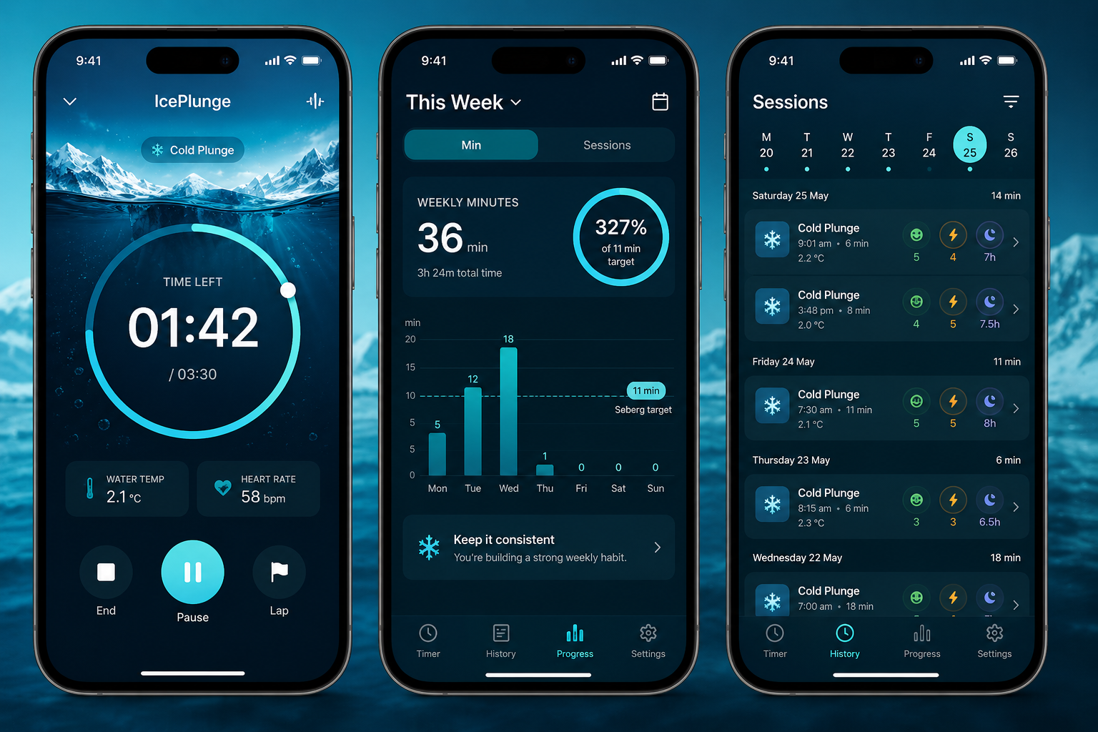 IcePlunge timer screen, weekly minutes chart and sessions log