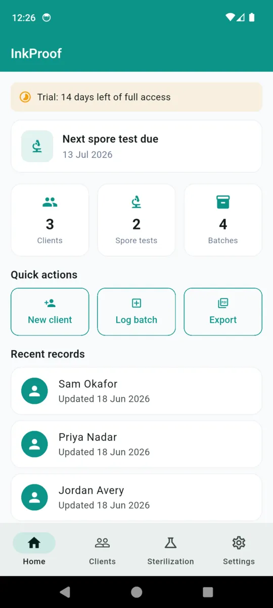 The InkProof home dashboard showing the next spore test due date, counts for clients, spore tests and batches, and quick actions for new client, log batch and export