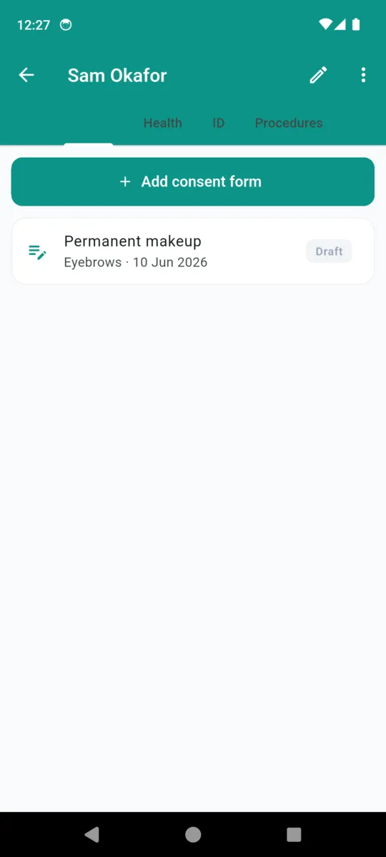 An InkProof client detail screen with tabs for Consent, Health and ID, showing one permanent makeup consent form marked Draft