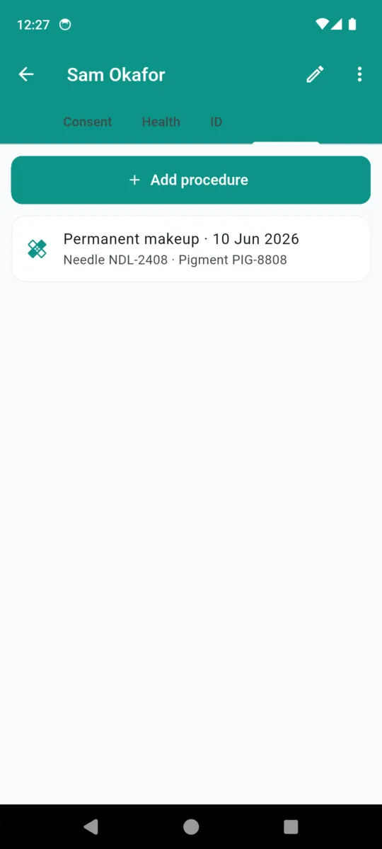 The InkProof procedures tab showing a permanent makeup entry with its needle lot and pigment lot numbers