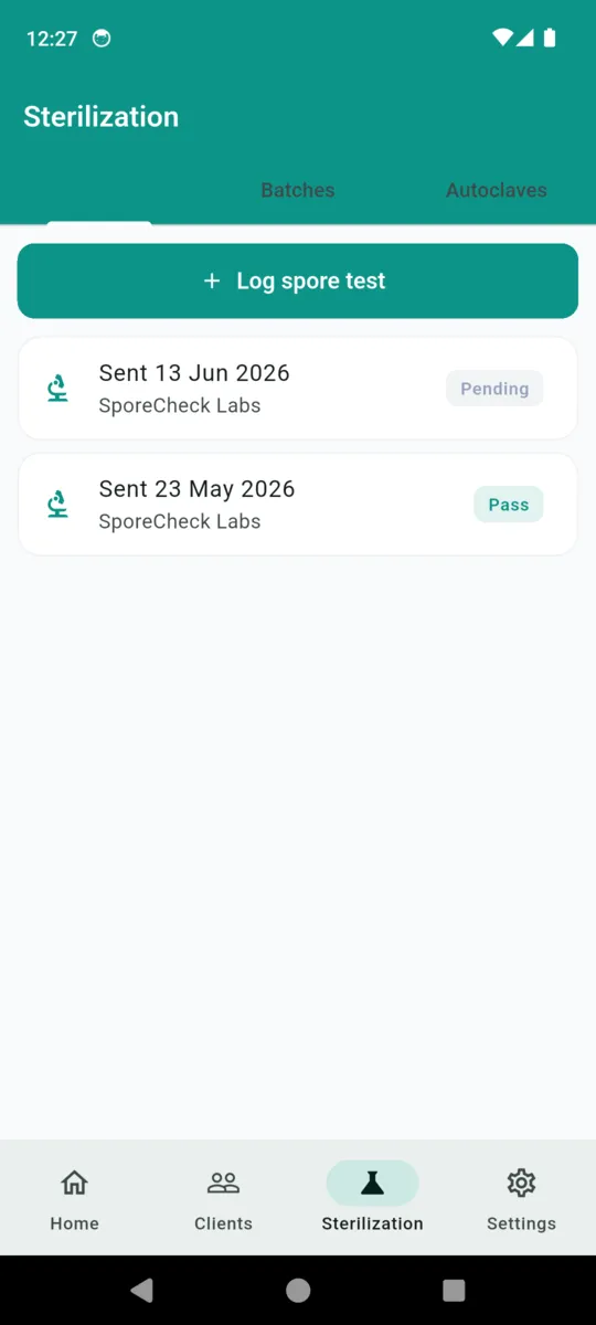 The InkProof spore tests tab listing two tests sent to SporeCheck Labs, one marked Pending and one marked Pass