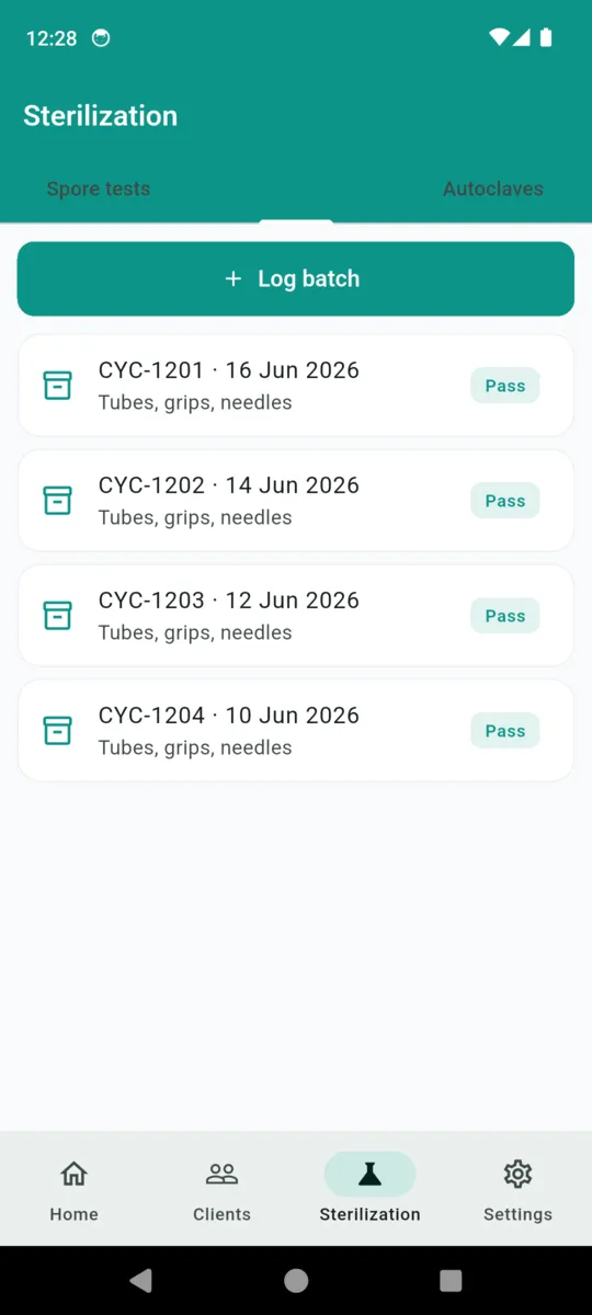 The InkProof batches tab listing four autoclave cycles from CYC-1201 to CYC-1204, each holding tubes, grips and needles and each marked Pass
