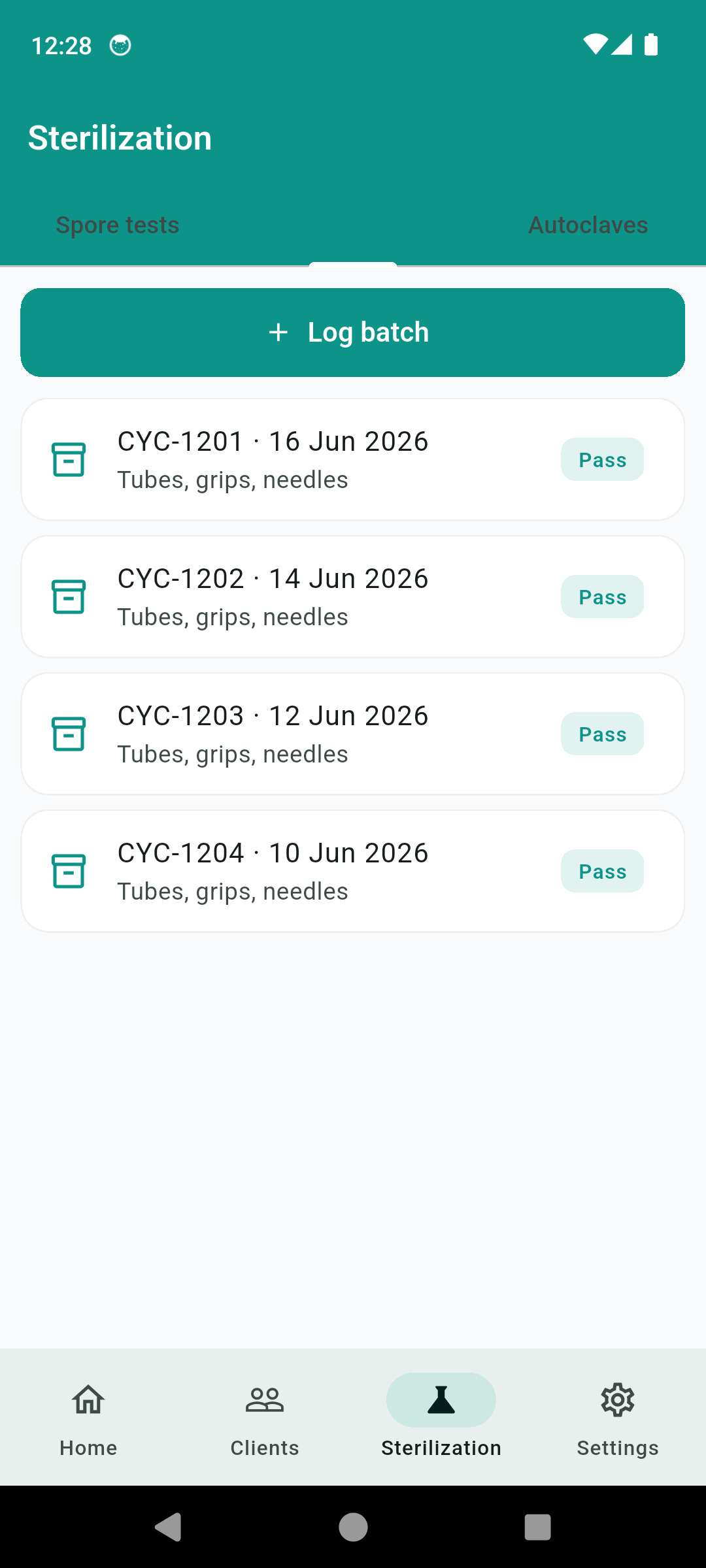 InkProof instrument-batch sterilization log with cycle ids and pass results