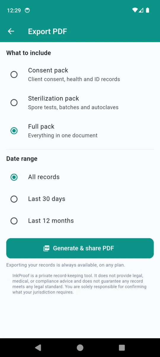 The InkProof export screen offering a consent pack, a sterilization pack or a full pack, with date range options