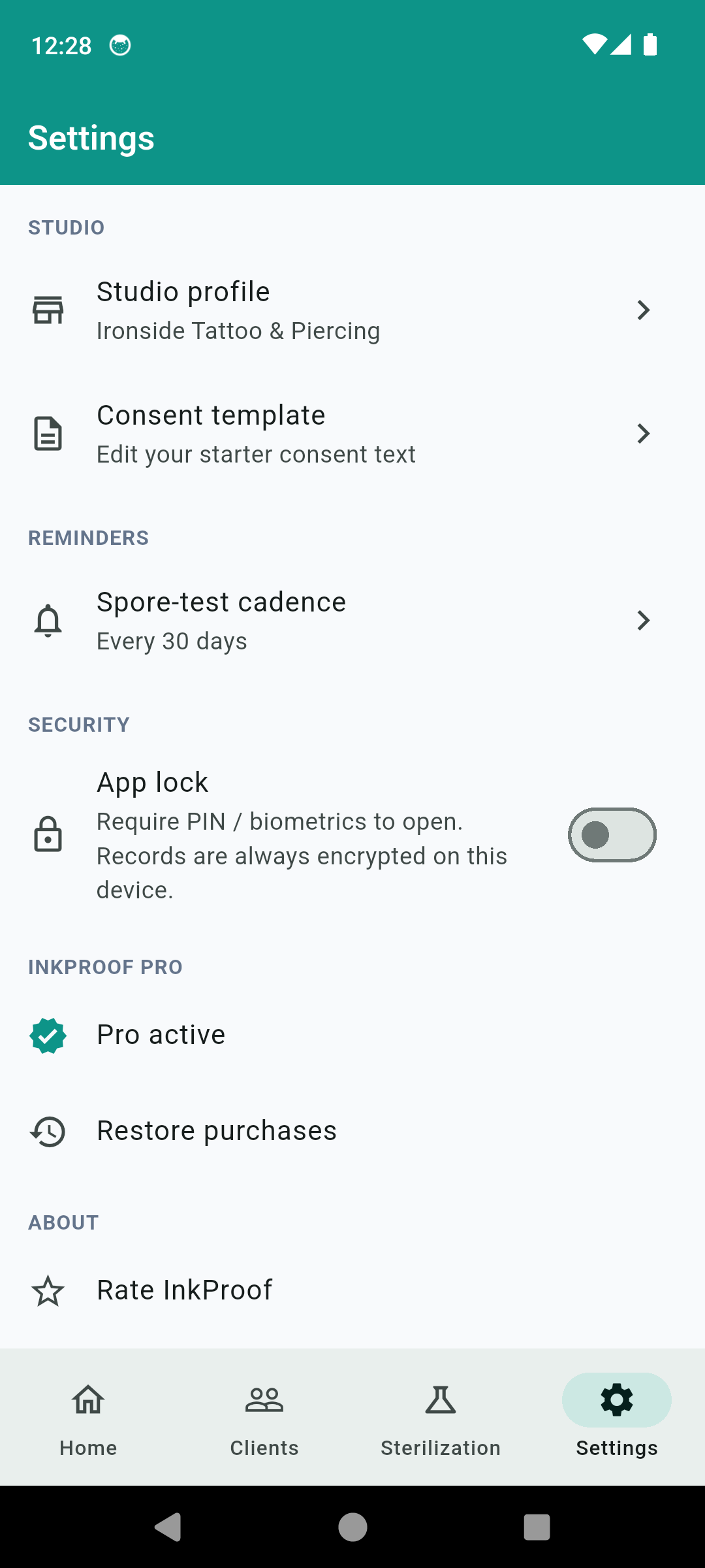 InkProof settings showing studio profile, spore-test cadence, app lock and encryption