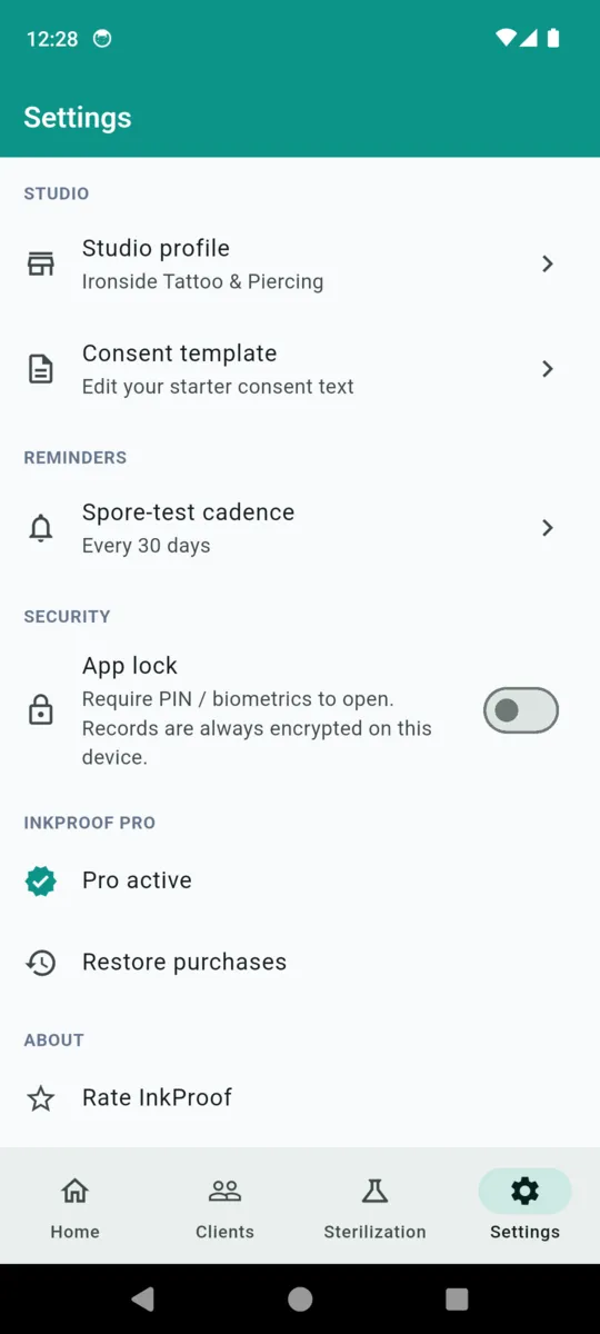 InkProof settings showing the studio profile, consent template, spore-test cadence and the app lock toggle