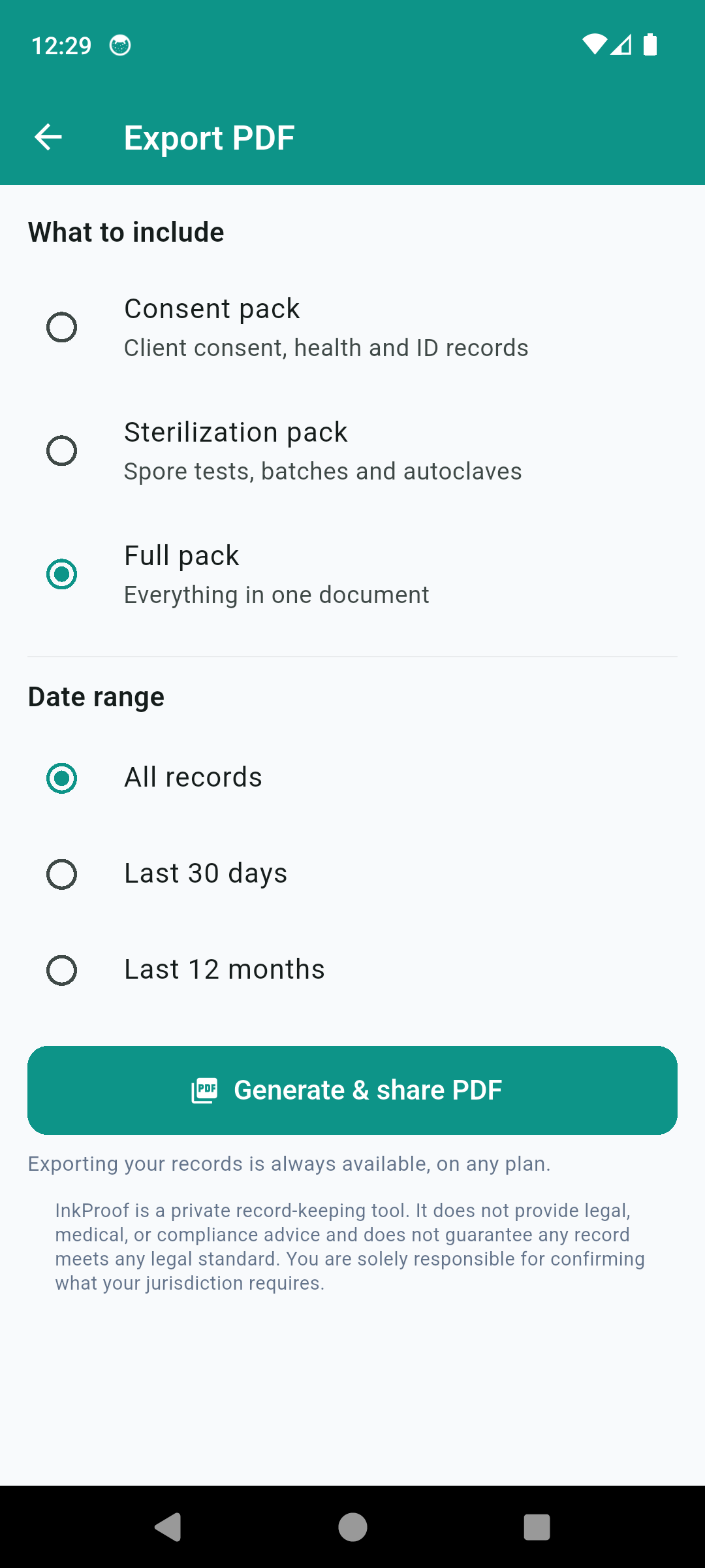 InkProof PDF export screen with consent, sterilization and full pack options and a date range