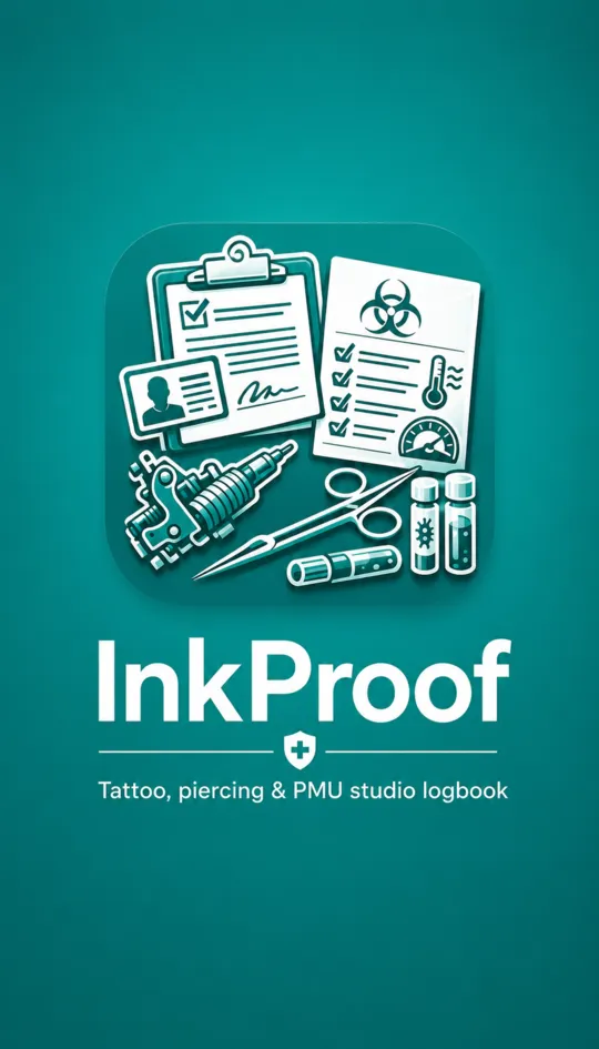 InkProof launch screen: clipboard paperwork, a tattoo machine and instrument tubes on a deep teal field, with the line Tattoo, piercing and PMU studio logbook