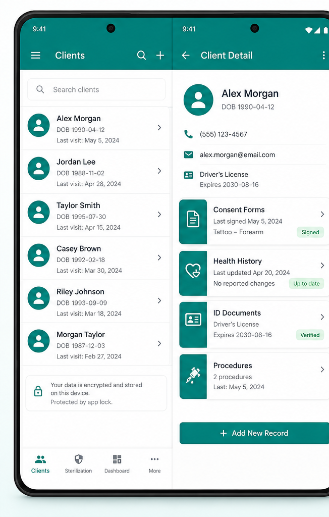 InkProof client records, sterilization log and spore-test reminder screens