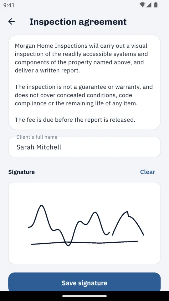 The agreement: the client’s signature on the pre-inspection agreement.