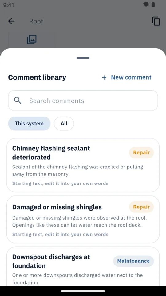 The comment picker: roof comments with their severity.