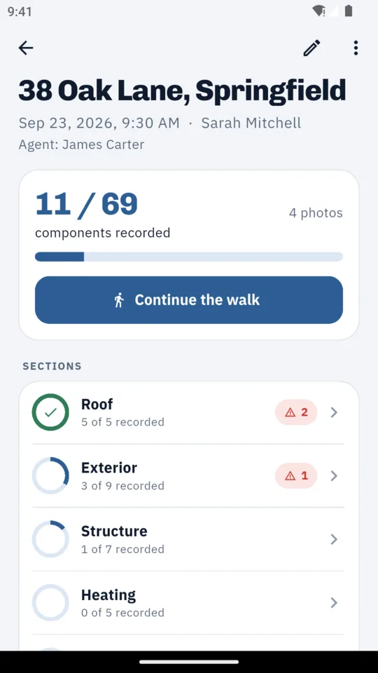 A job: the section list with how much of each is recorded.