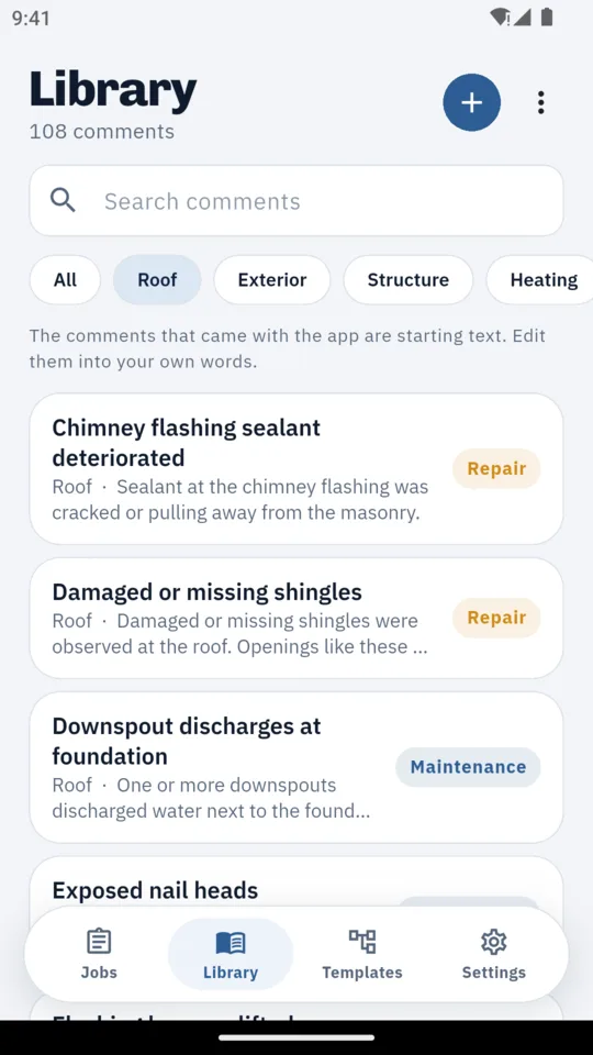 The library: comments grouped by system, with search.